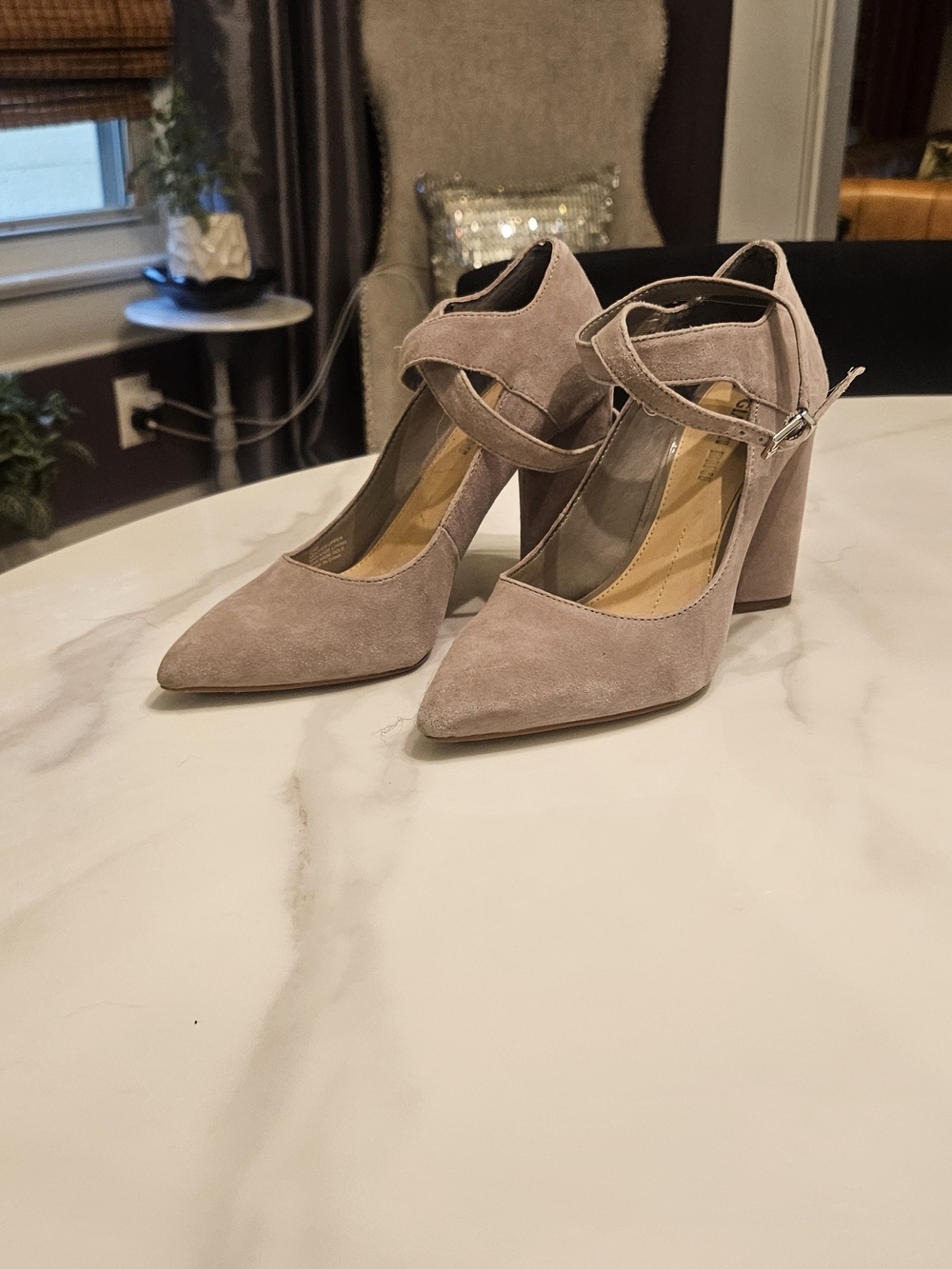 Gianni Bini Taupe Suede Pointed-Toe Mary Jane Pumps